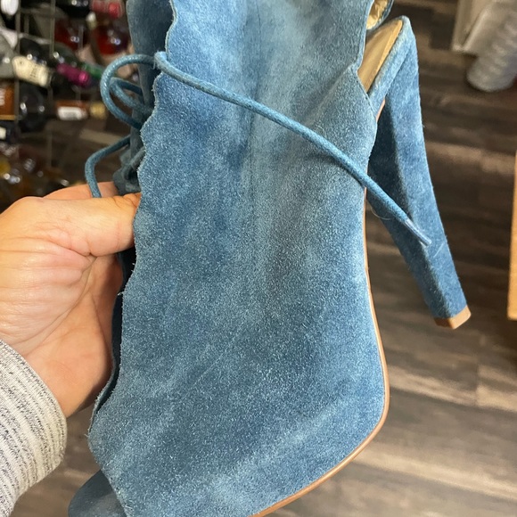 Enzo Angiolini Blue Suede Amarelle Peep Toe Lace Up Platform Heels Size 7 - Picture 13 of 13